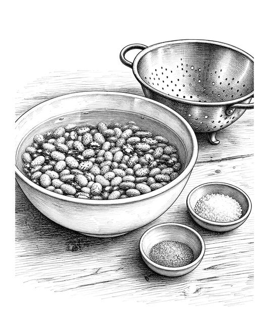 Dried beans soak in a measured brine beside two small ingredient bowls and a rinsing colander.