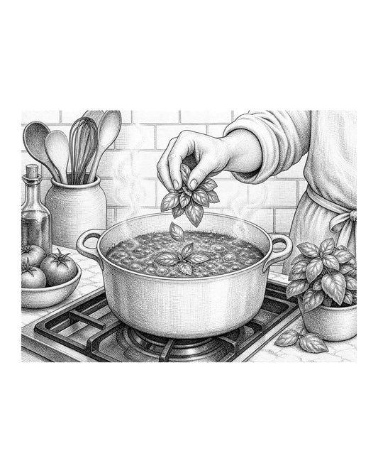 A kitchen scene showing a cook adding fresh basil leaves to a simmering pot of sauce just before serving.