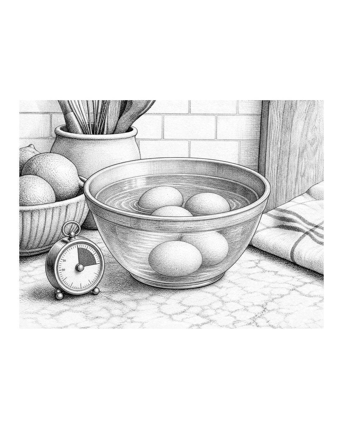A bowl of warm water containing whole, uncracked eggs resting on a kitchen counter.
