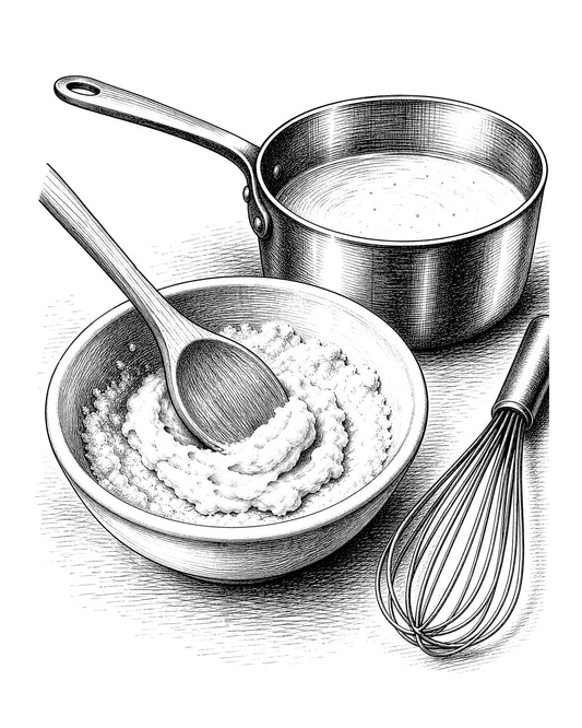 A vintage line-art illustration of hands kneading butter and flour in a bowl.