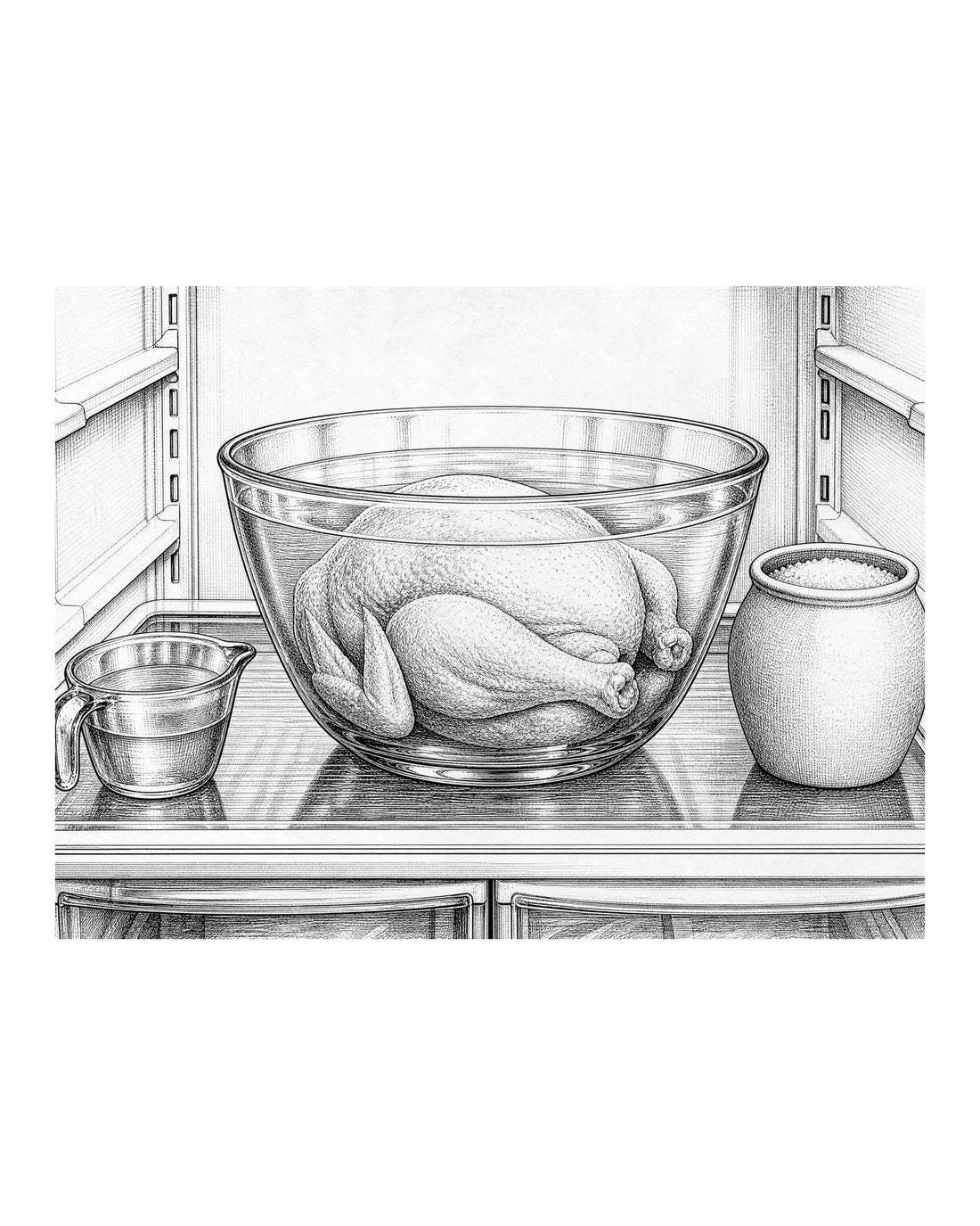 A whole chicken submerged in a brine solution inside a large glass bowl, placed in a refrigerator.