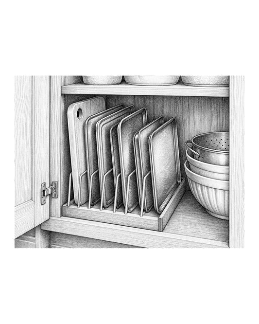 A line drawing of a kitchen cabinet interior showing baking sheets and cutting boards stored vertically in a slotted organizer.