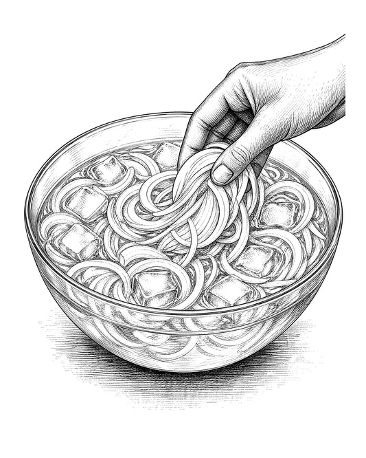 A bowl of sliced onions submerged in water with ice cubes.