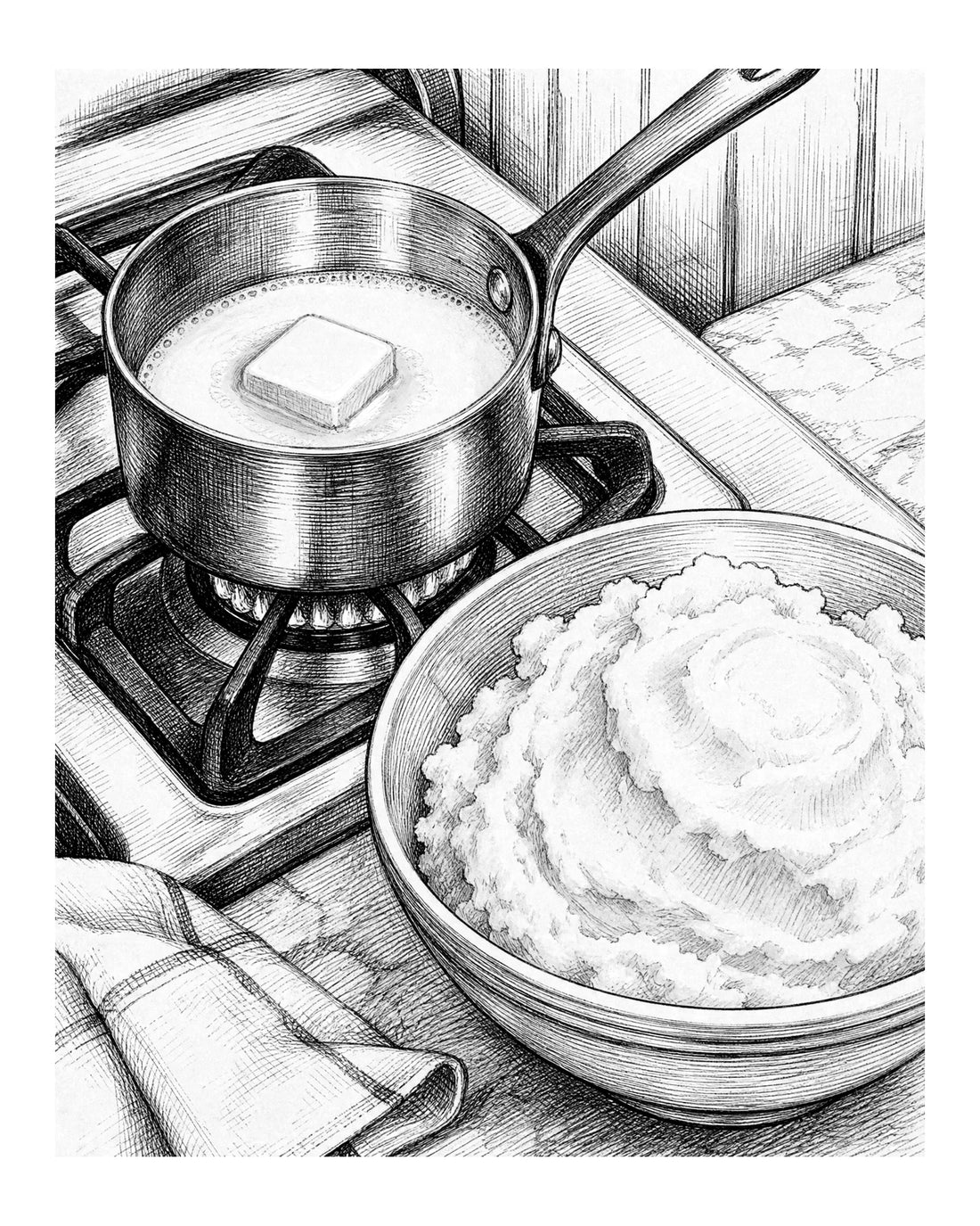 Saucepan warming milk and butter on a stovetop beside a bowl of mashed potatoes