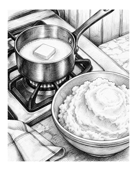 Saucepan warming milk and butter on a stovetop beside a bowl of mashed potatoes