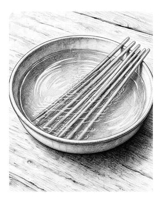 several wooden skewers soaking in a shallow dish of water