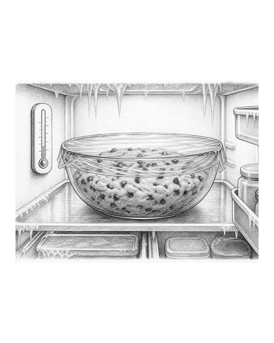 A bowl of cookie dough covered with plastic wrap resting on a refrigerator shelf next to a carton of milk.
