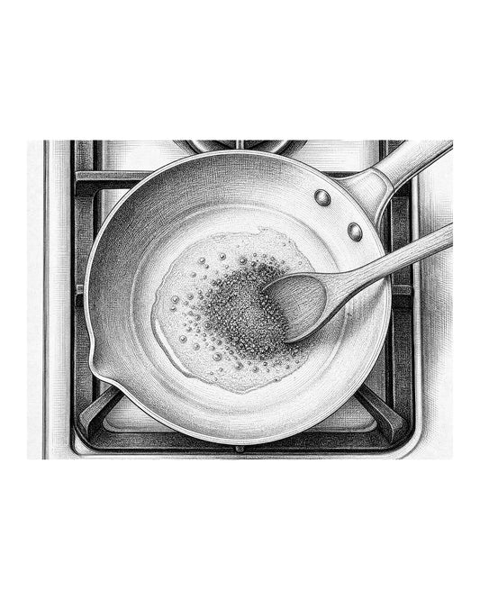 A wooden spoon stirring ground spices into hot oil in a skillet, with small bubbles forming around the spices.