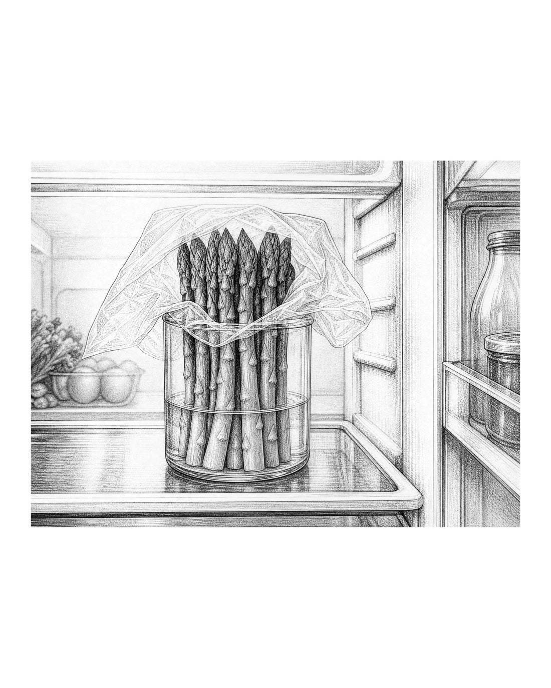 A bunch of asparagus standing upright in a glass jar with a small amount of water, covered loosely with a plastic bag.