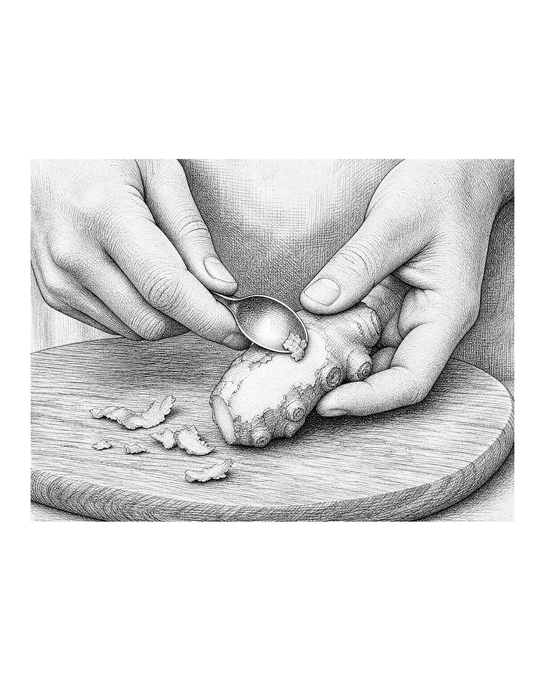 hand holding ginger on cutting board while other hand scrapes skin with teaspoon edge