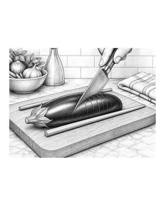 A knife slicing an eggplant resting between two chopsticks on a cutting board.